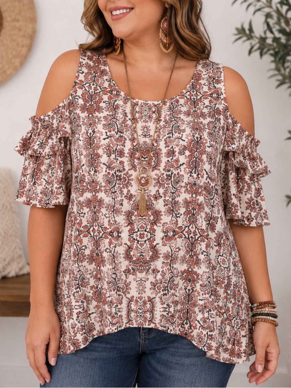 Gibson Latimer cold-shoulder blouse with a multi-colored ornate bohemian print